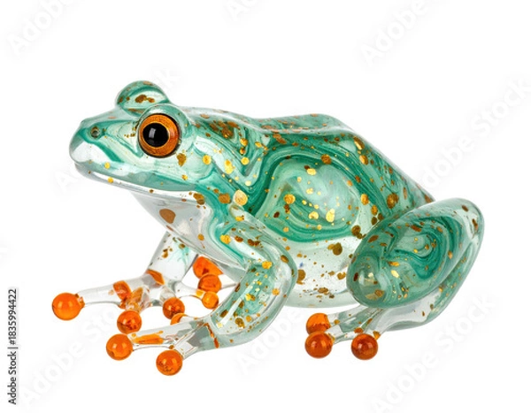 Fototapeta A clear frog figurine, swirled with turquoise and gold detail, posed on a solid background