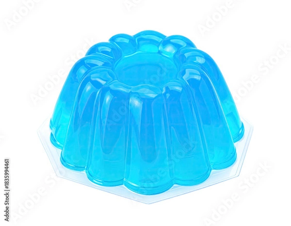 Fototapeta A vibrant, clear blue gelatin dessert, molded in a fluted shape, sits on a white hexagonal plate