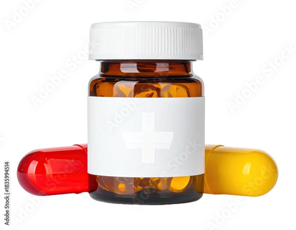 Fototapeta A medical amber pill bottle with a white label and two colorful capsules