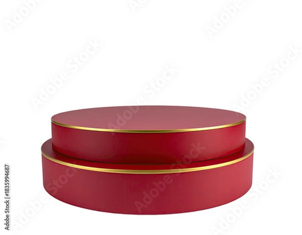 Fototapeta Two-tiered, red, circular pedestal with gold trim, isolated on a black background