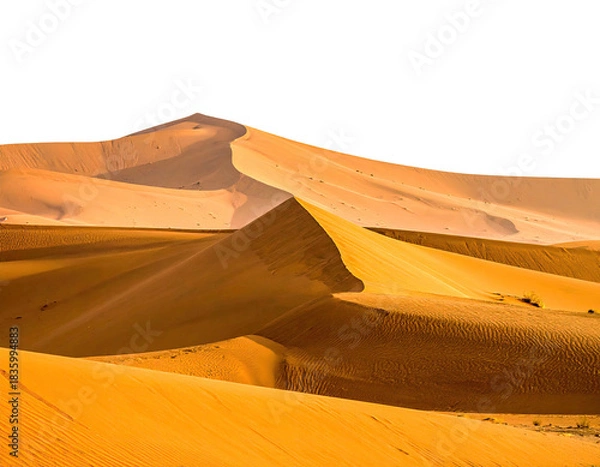 Fototapeta Rolling golden sand dunes undulate under a deep blue sky, forming a vast desert landscape
