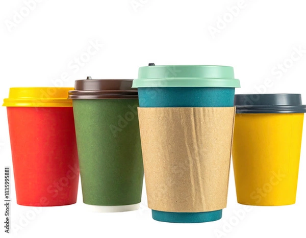 Fototapeta Four colorful to-go cups with lids, arranged on a dark background
