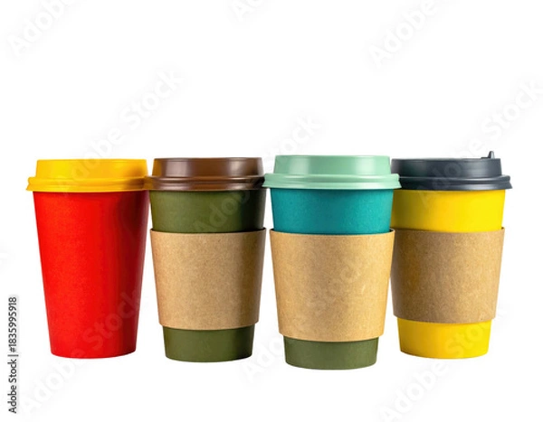 Fototapeta Four colorful to-go coffee cups with different colored lids and sleeves, on a black background