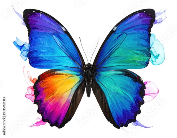 Fototapeta Vivid butterfly with symmetrical wings, bright gradient colors on a transparent background