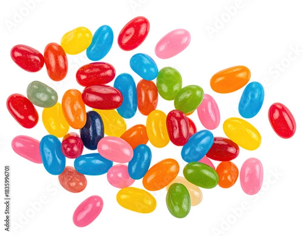 Fototapeta A vibrant assortment of glossy, oval-shaped candies in a rainbow of colors, on a black background