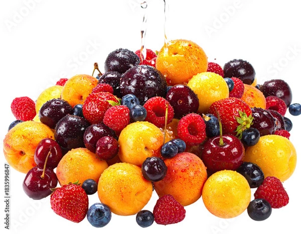 Fototapeta A vibrant pile of colorful, ripe fruit, including berries and stone fruit, isolated on a white backdrop