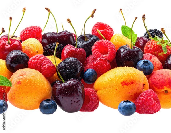 Fototapeta A vibrant assortment of juicy summer fruits, showcasing a colorful mix with water droplets