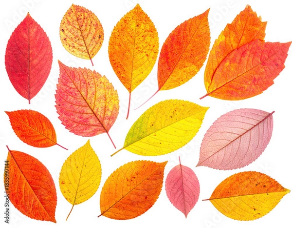 Fototapeta Assortment of vibrant, colorful leaves in various sizes arranged against a black backdrop