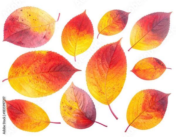 Fototapeta Colorful autumn leaves in red, yellow, and orange with delicate veins, floating on black