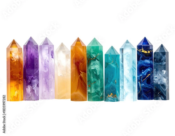 Fototapeta Collection of colorful, rectangular crystal towers, each uniquely colored, arranged horizontally