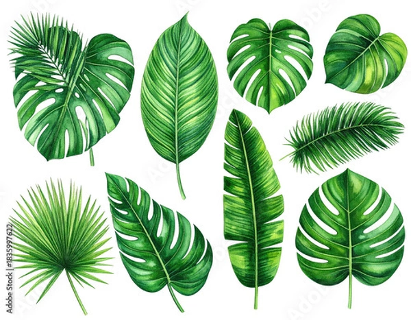 Fototapeta Collection of various green tropical leaves, arranged against a black backdrop
