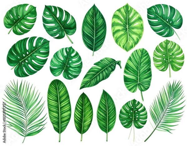 Fototapeta Collection of assorted green leaves, watercolor style, various shapes, set against a black backdrop