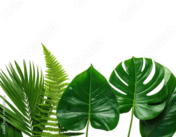 Fototapeta A vibrant arrangement of tropical foliage against a stark black background, showcasing various leaf types