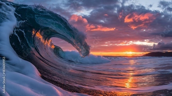 Obraz Dynamic ocean wave illuminated by sunset