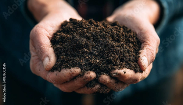 Fototapeta Weathered hands holding dark brown soil with rich texture and granular detail, showcasing natural earth elements and rough tablet device features