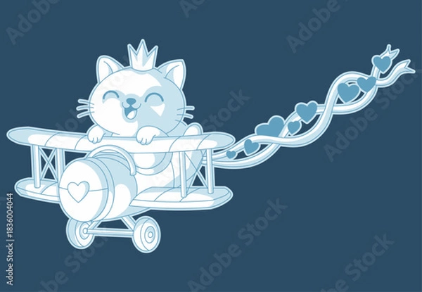 Fototapeta Cartoon mascot clip art of a cat prince flying high on a dragonfly airplane, with a trailing string of love symbols, colored in white, sage, and light turquoise.