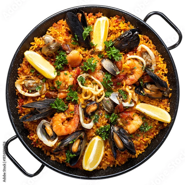 Obraz Traditional Spanish seafood paella with shrimp, mussels, calamari, saffron rice, and lemon wedges 