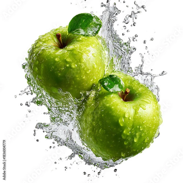 Obraz Two green apples in a juice splash