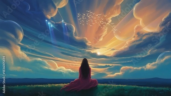 Obraz Serene woman beholds fantasy skyscape