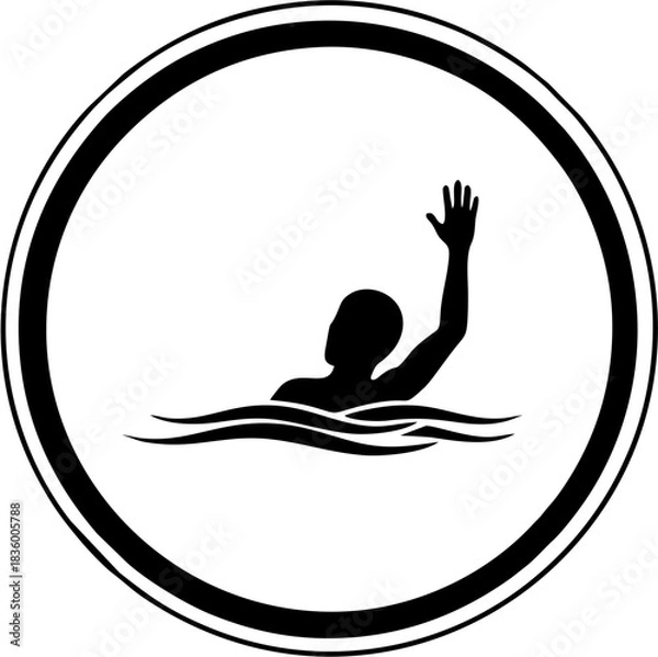 Obraz Drowning person icon silhouette in water with hand raised vector for safety and emergency signage