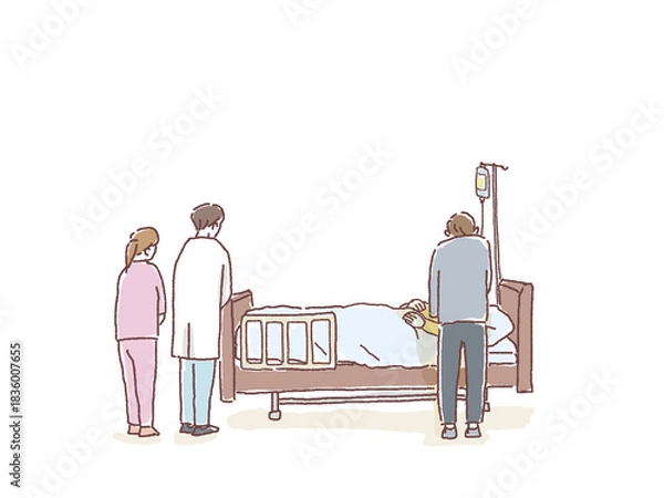 Obraz ベッドで横になる患者とその家族、見守る医師と看護師
