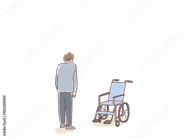 Obraz 車椅子を見つめる男性の後ろ姿