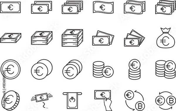 Obraz ユーロ通貨のお金の黒の線画アイコンセット