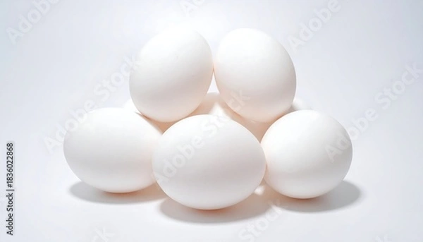 Fototapeta Close-up of six white eggs stacked in a pyramidal arrangement