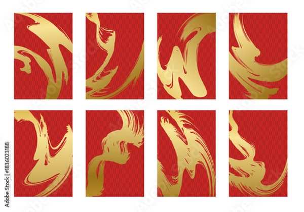 Obraz 筆で描いた金色と赤色の和風背景素材のセット