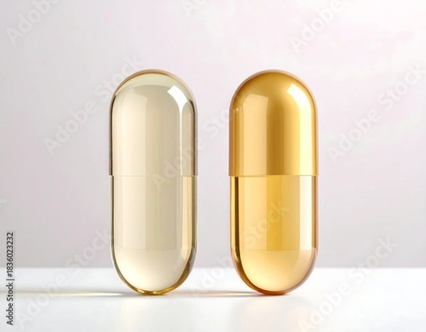 Fototapeta Close-up of two translucent gel capsules, light & shadow, on white