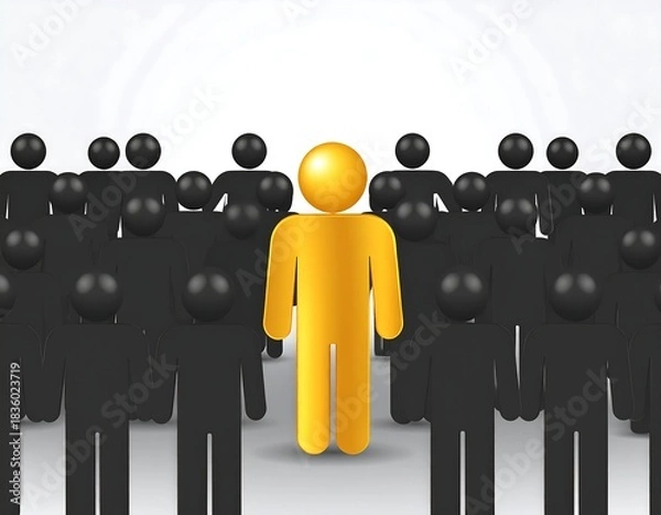 Fototapeta Crowd of black stick figures with a unique golden figure