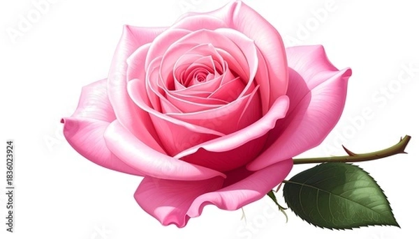 Fototapeta Digitally enhanced pink rose, open bloom, green stem and leaf, isolated