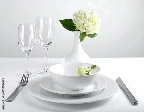Fototapeta Elegant table setting with white dishes, flowers, and stemware