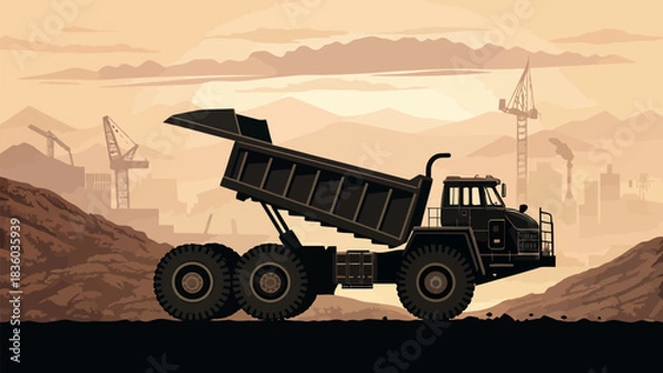 Fototapeta Powerful dump truck unloading materials at construction site with cranes and factory in background for industrial projects and heavy equipment advertisements