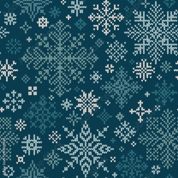 Fototapeta Seamless knitted pattern with white and turquoise snowflakes