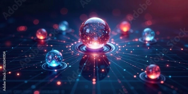 Obraz Glowing spheres interconnected by luminous lines creating a complex digital network structure
