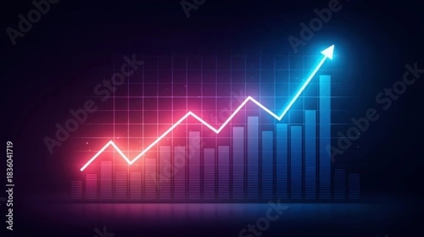 Fototapeta startup success concept. A vibrant, digital graph displaying upward trends with blue and pink lines against a dark background, symbolizing growth and progress.
