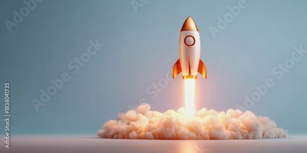 Fototapeta startup success concept. A sleek rocket launches from a cloud of smoke, symbolizing innovation, exploration, and the excitement of space travel.