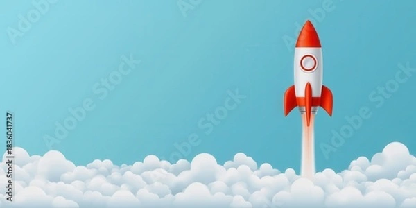 Fototapeta startup success concept. A colorful rocket launches through fluffy clouds against a bright blue sky, symbolizing adventure and exploration.