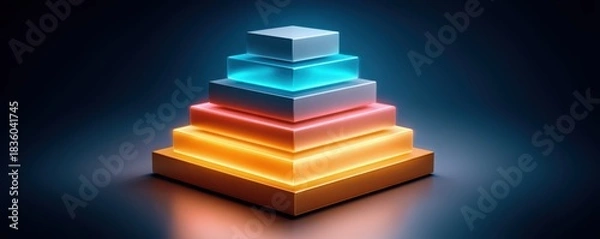 Fototapeta startup success concept. A vibrant, glowing pyramid structure made of layered boxes in various colors, set against a dark background, creating a modern and sleek visual effect.