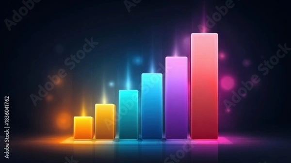 Fototapeta startup success concept. A vibrant bar graph shows increasing data values, illuminated by colorful lights against a dark background, symbolizing growth and progress.