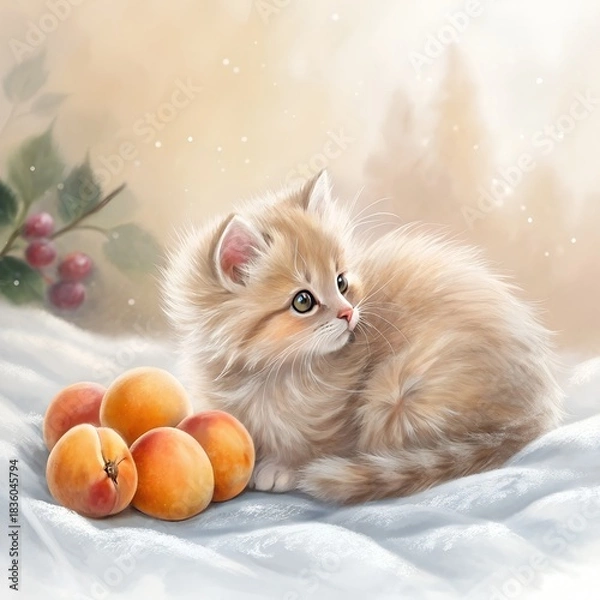 Fototapeta A cute kitten with ripe apricots on a soft dreamy background