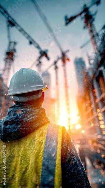 Obraz Construction workers at building site with cranes at sunset