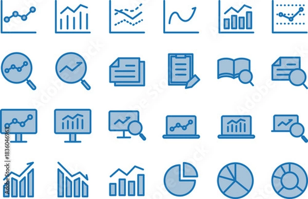 Obraz データ分析・調査のシンプルな青の線画アイコンセット