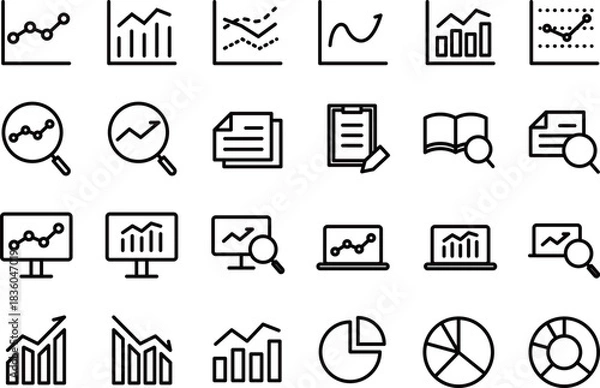 Obraz データ分析・調査のシンプルな黒の線画アイコンセット
