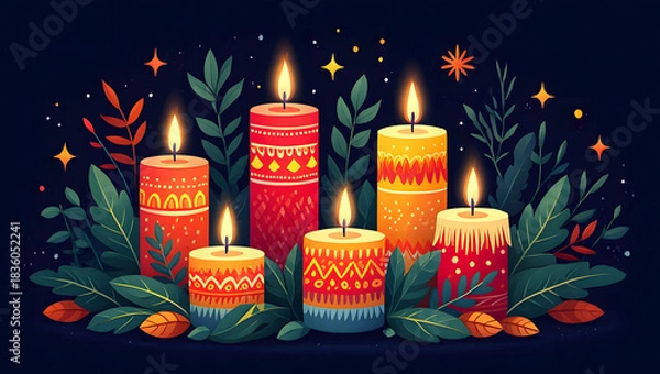 Fototapeta Festive candles with ornate patterns and festive foliage