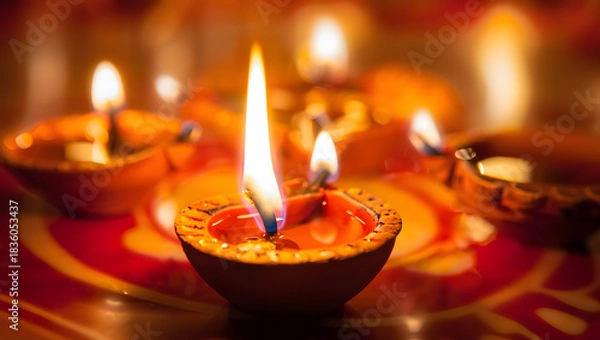 Fototapeta Close up of illuminated diyas with soft bokeh background for diwali festival