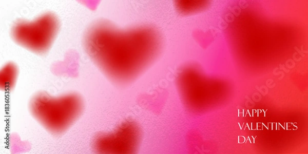 Obraz Dreamy Valentines Day background ou modern art poster with blurred red and pink hearts floating across a warm gradient under glass. Invitation, banner ,cover. Wavy pink layout vector template.