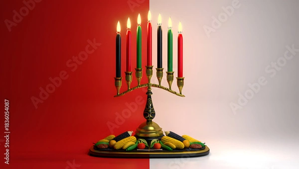 Fototapeta Kwanzaa kinara with lit candles and gifts on a split red and white background