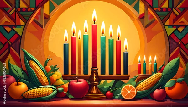 Fototapeta Menorah with lit candles and harvest fruits and vegetables